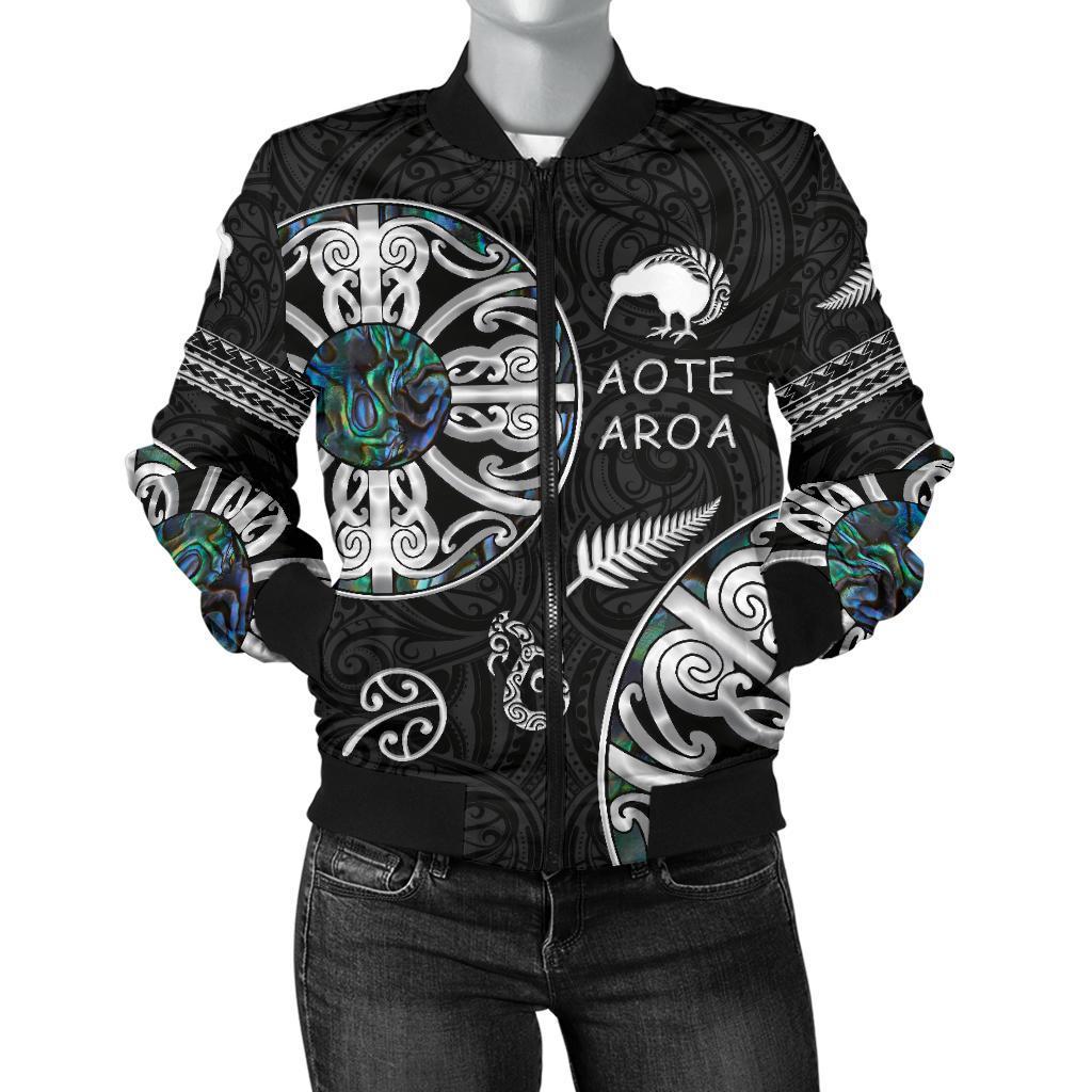 New Zealand Aotearoa Women Bomber Jacket, Maori Mangopare Paua Shell - Vibe Hoodie Shop