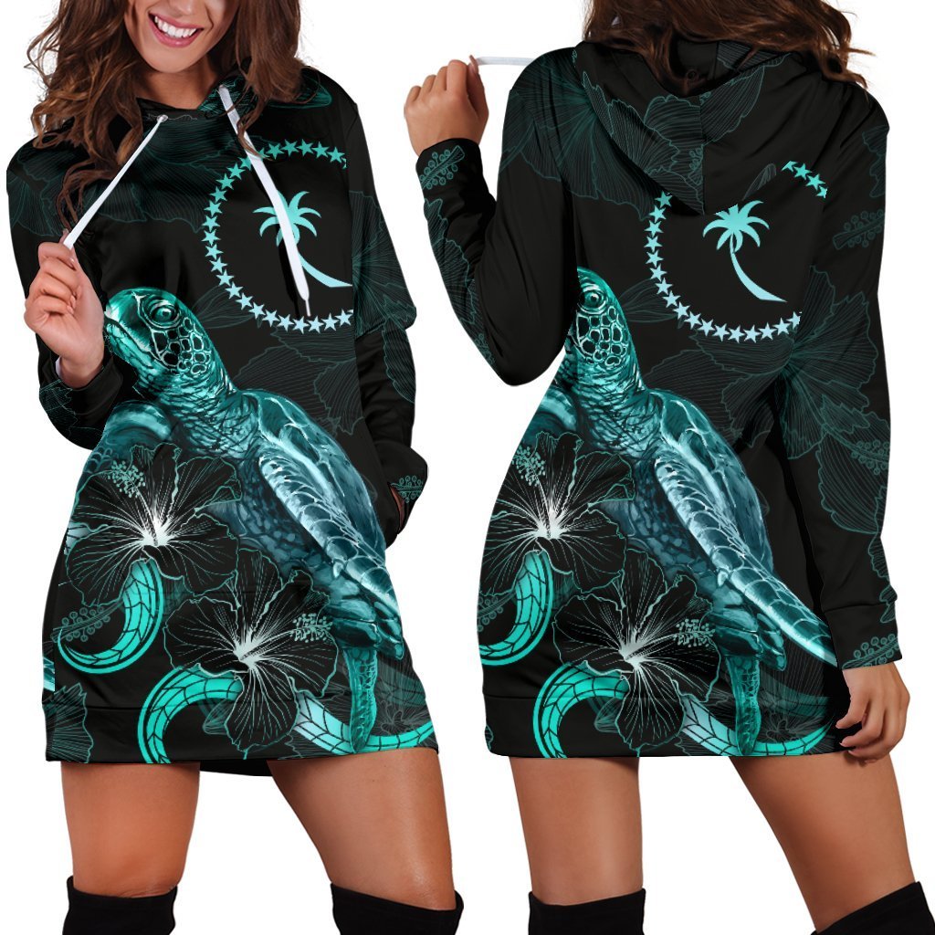 Chuuk Polynesian Hoodie Dress - Turtle With Blooming Hibiscus Turquoise - Vibe Hoodie Shop