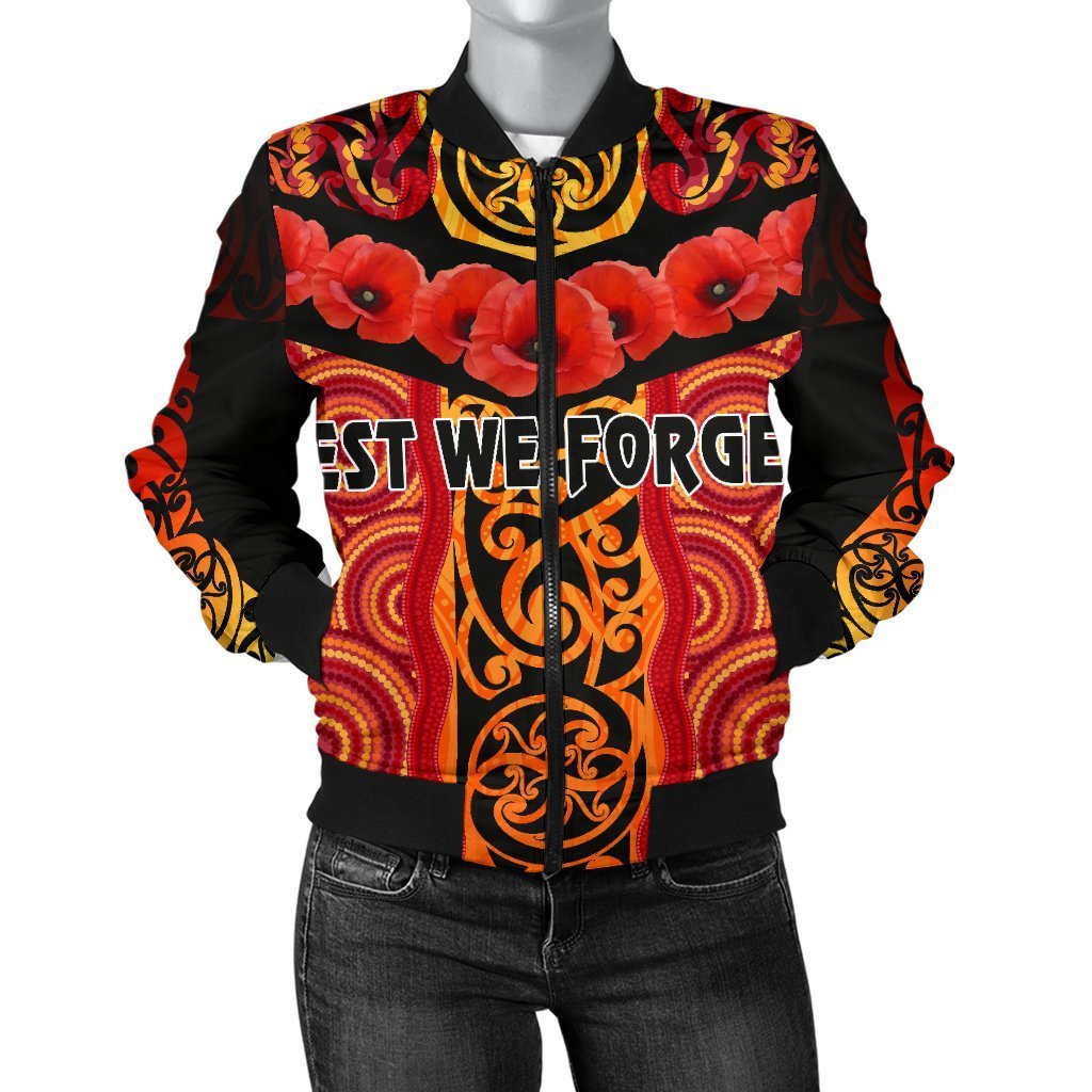 ANZAC Lest We Forget Poppy Women Bomber Jacket New Zealand Maori Silver Fern - Australia Aboriginal - Vibe Hoodie Shop