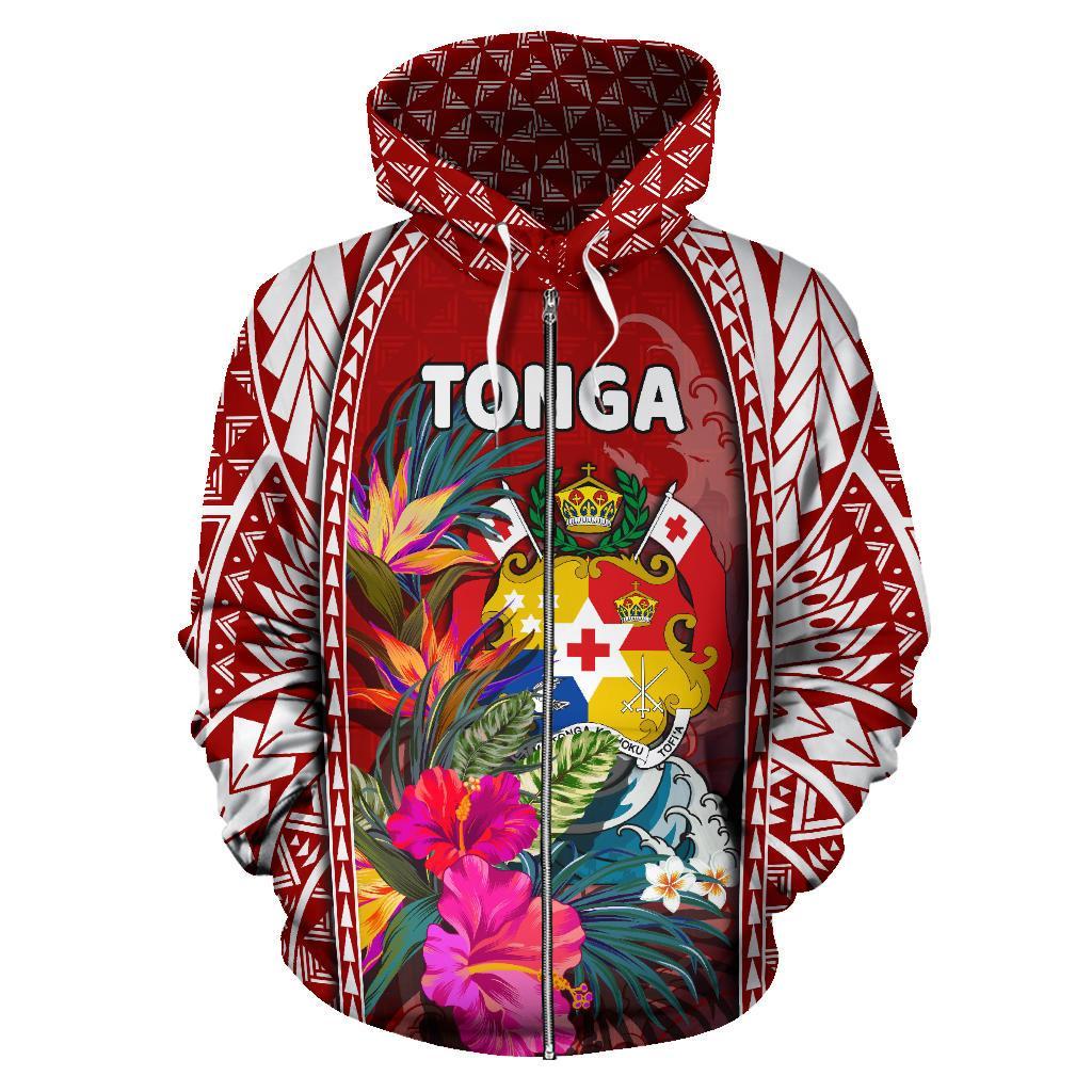 Tonga All Over Zip - Up Hoodie Coat Of Arms Polynesian With Hibiscus And Waves - Vibe Hoodie Shop