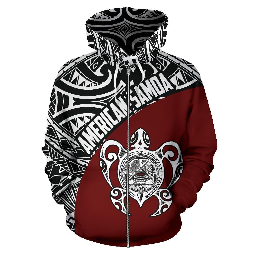 American Samoa Hoodie Turtle With Coat Of Arms - Wave Style (Red) (Zip) - Vibe Hoodie Shop