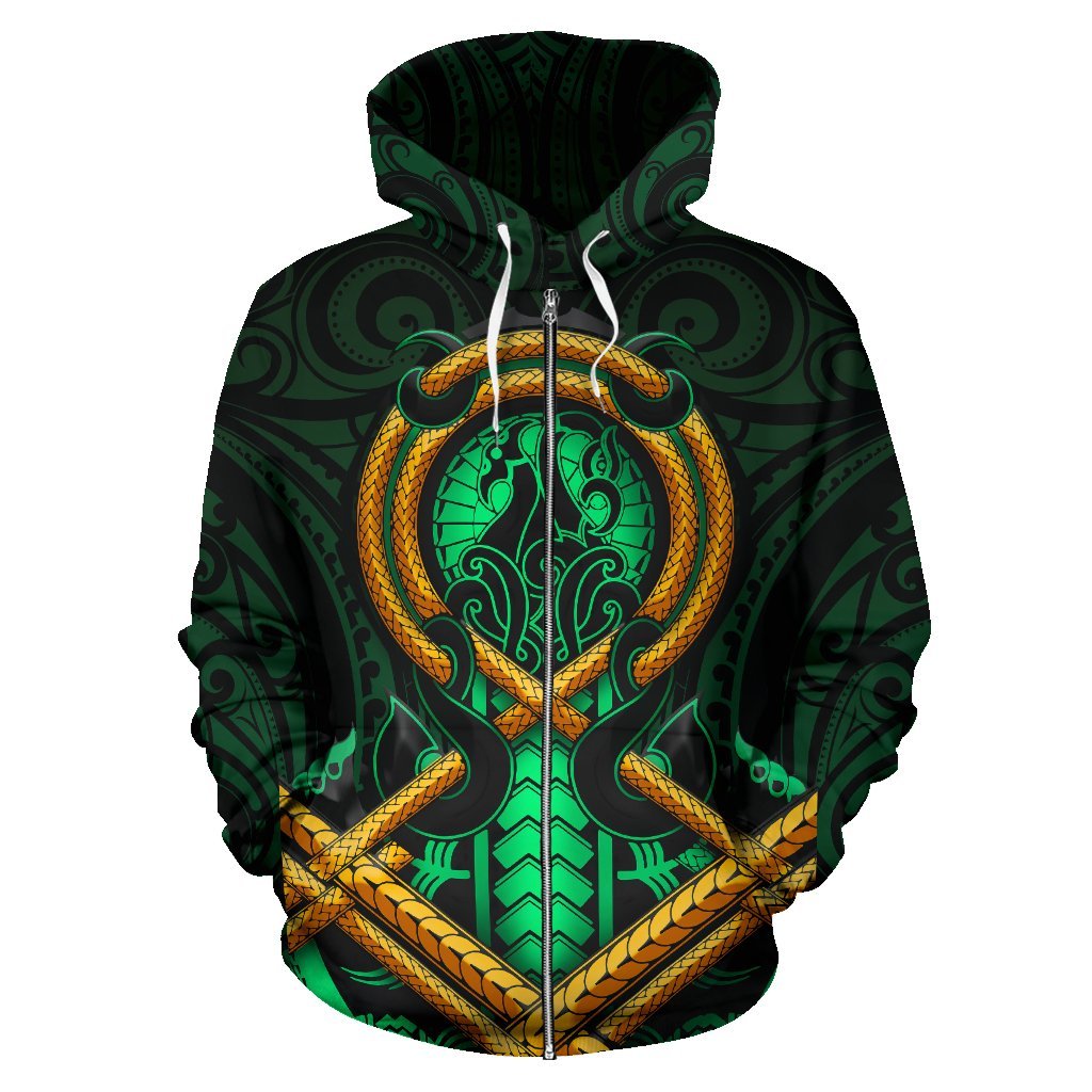 Maori New Zealand All Over Zip - Up Hoodie Manaia Green - Vibe Hoodie Shop