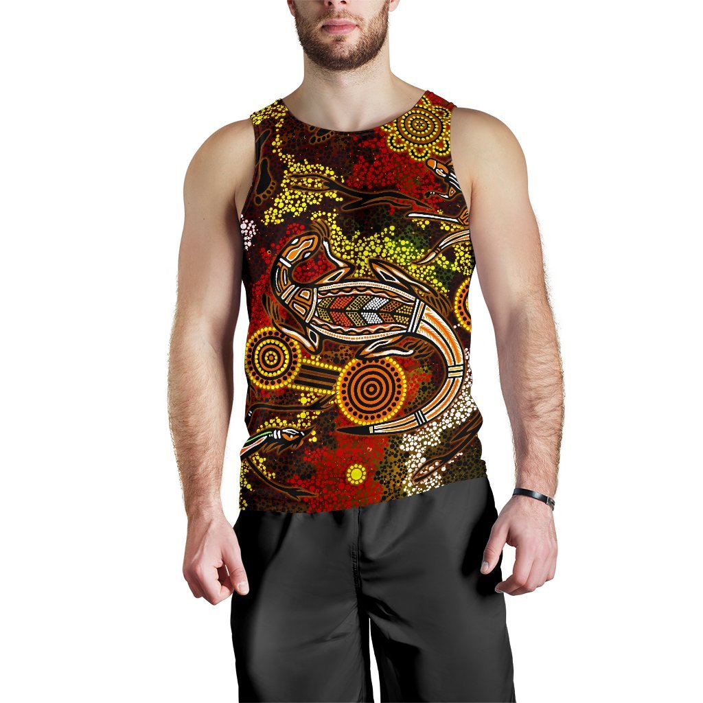 Aboriginal Men's Tank Top, Kangaroo and Lizard Dot Painting Art - Vibe Hoodie Shop