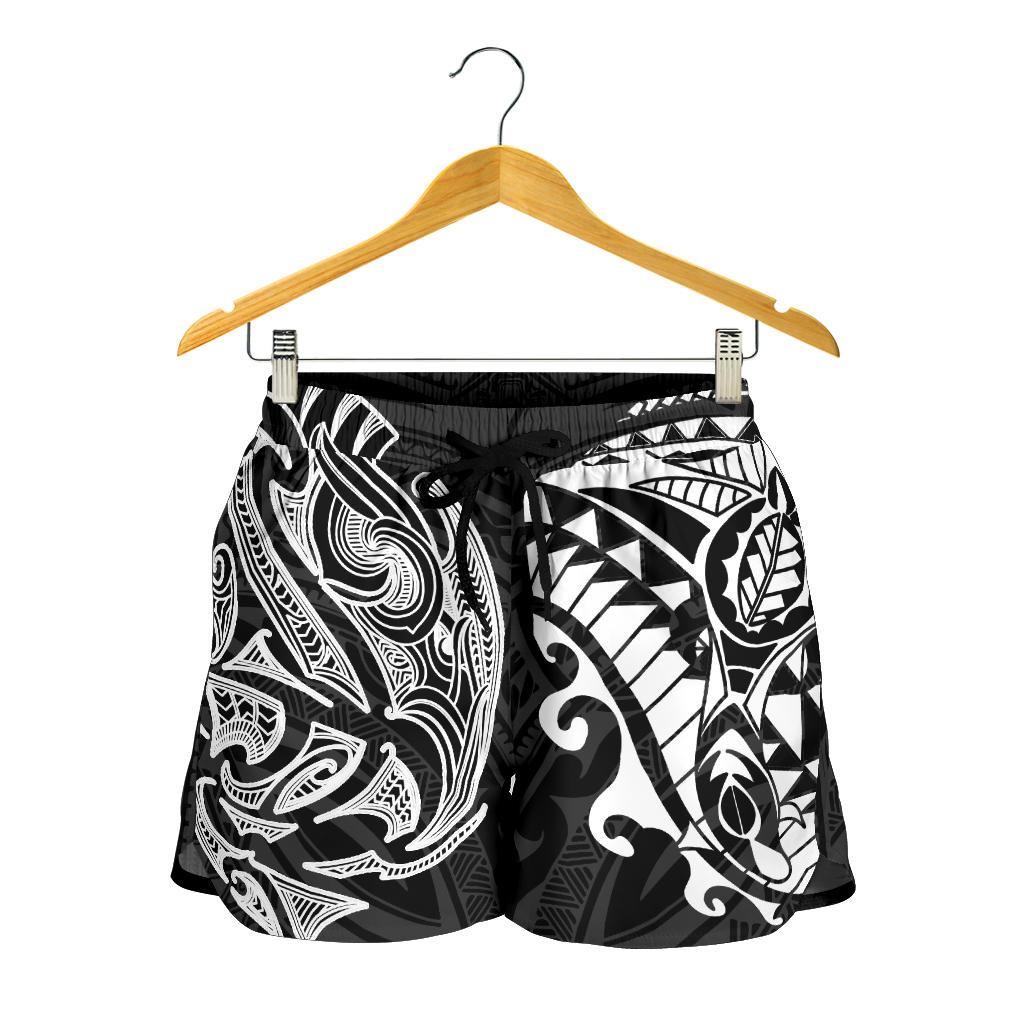 new-zealand-all-over-print-womens-shorts-maori-polynesian-tattoo-white