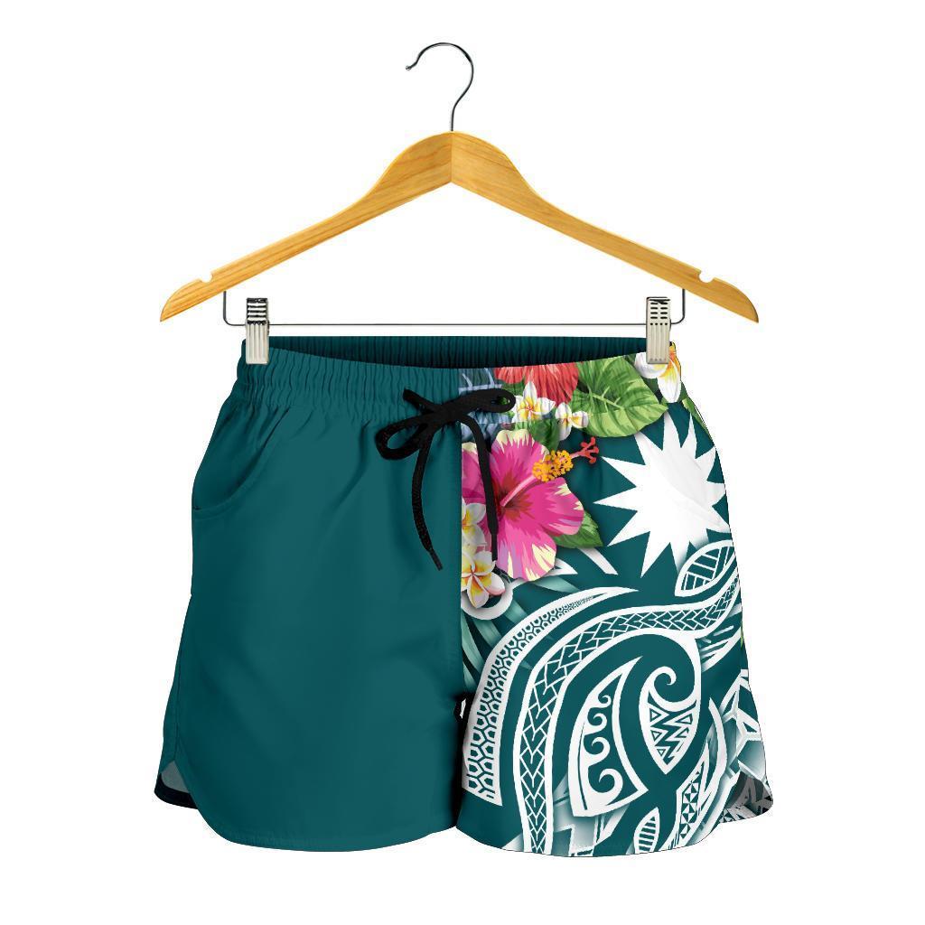 nauru-polynesian-womens-shorts-summer-plumeria-turquoise