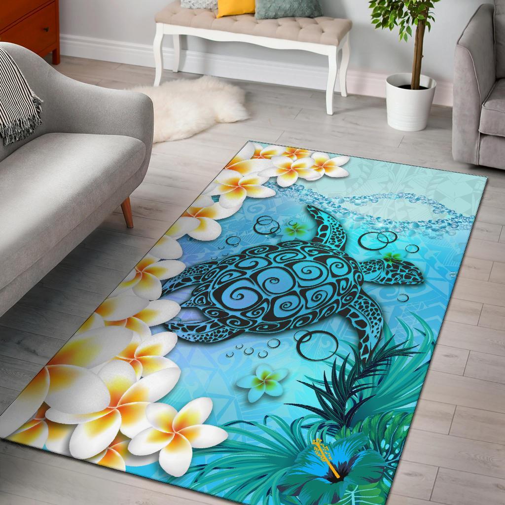 Polynesian Turtle Area Rug, Plumeria with Hibiscus - Vibe Hoodie Shop