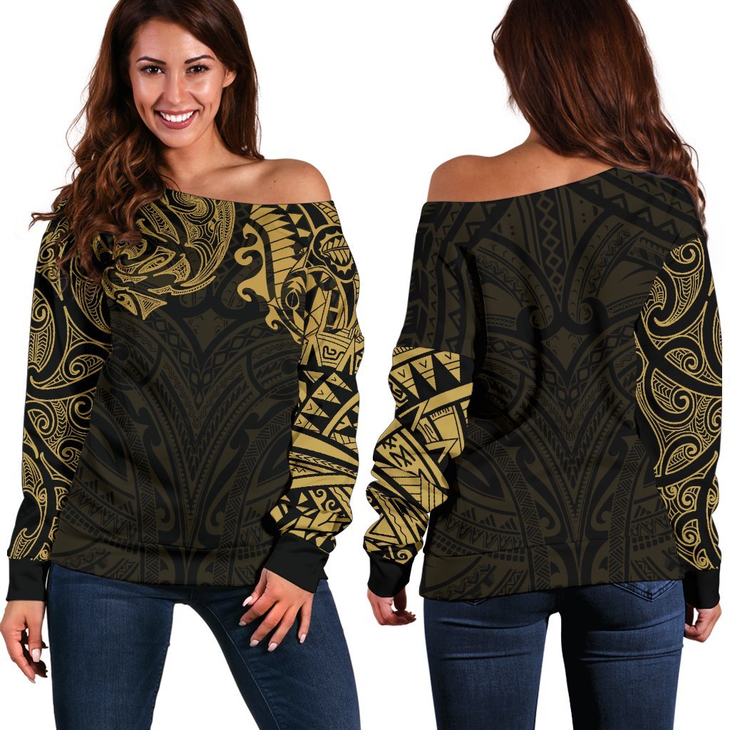 New Zealand Women's Off Shoulder Sweater, Maori Polynesian Tattoo Gold - Vibe Hoodie Shop