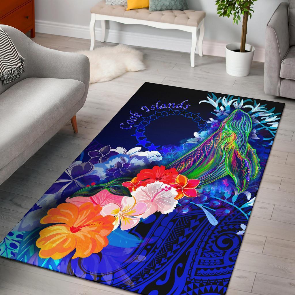 Cook Islands Area Rug - Humpback Whale with Tropical Flowers (Blue) - Vibe Hoodie Shop