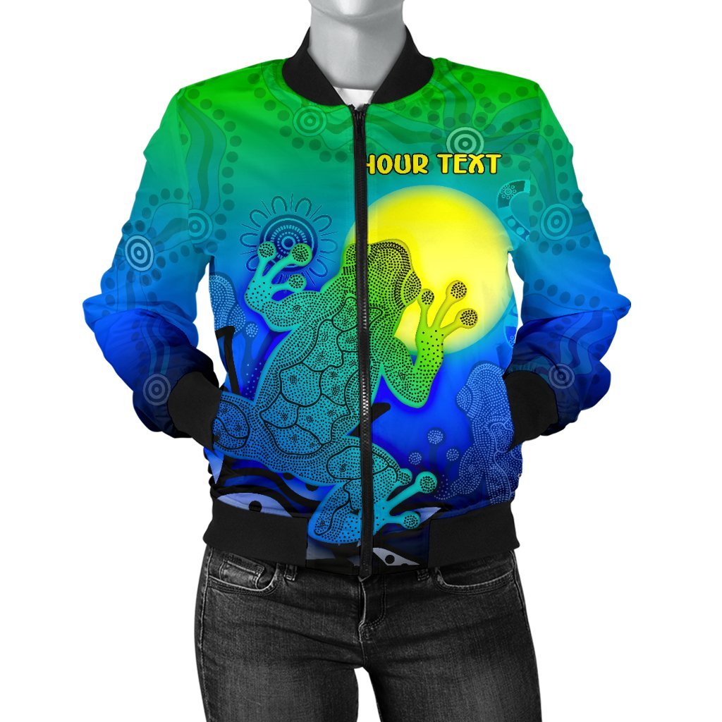 Custom Aboriginal Women's Bomber Jacket - Indigenous Frog (Blue) - Vibe Hoodie Shop