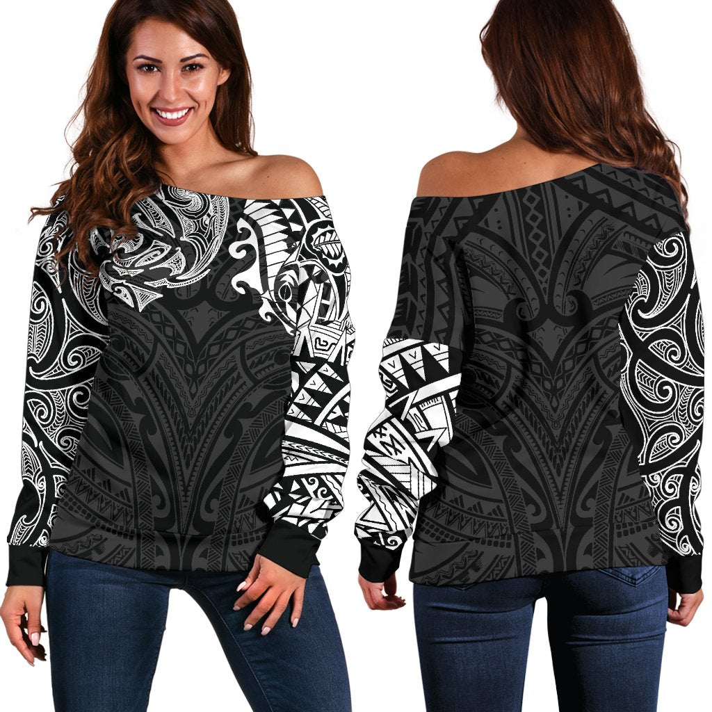 New Zealand Women's Off Shoulder Sweater, Maori Polynesian Tattoo White - Vibe Hoodie Shop