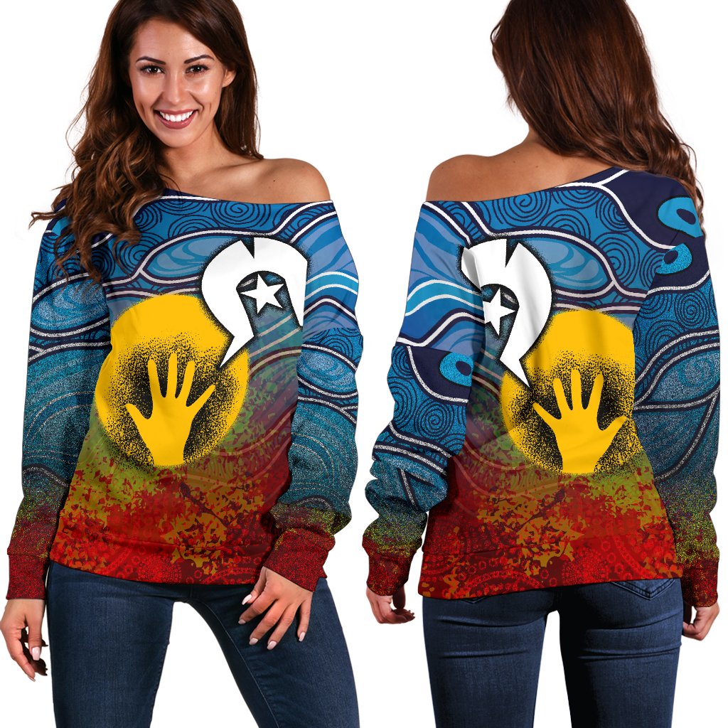 Aboriginal Women's Off Shoulder Sweater - Aboriginal and Torres Strait Islanders Flag - Vibe Hoodie Shop