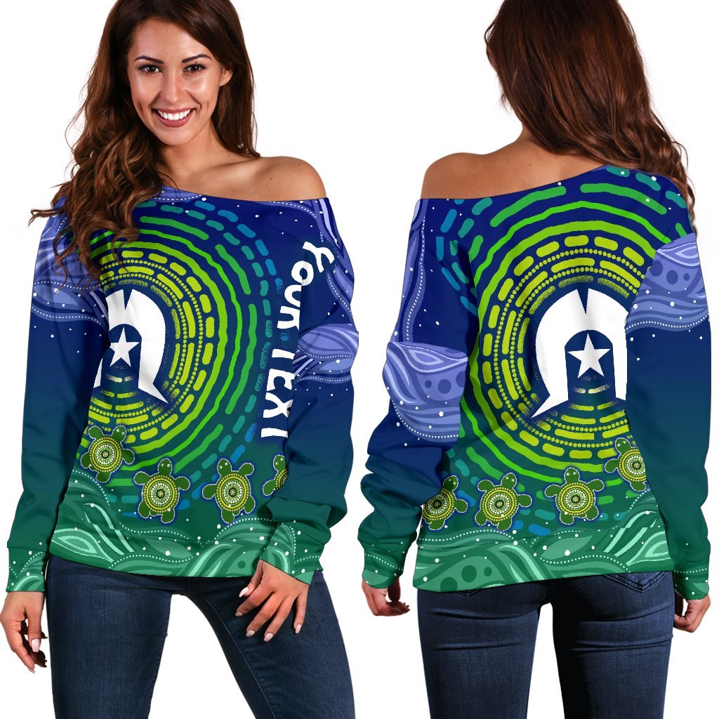 Custom Text Torres Strait Islanders Women's Off Shoulder Sweater - Aboriginal Turtle - Vibe Hoodie Shop