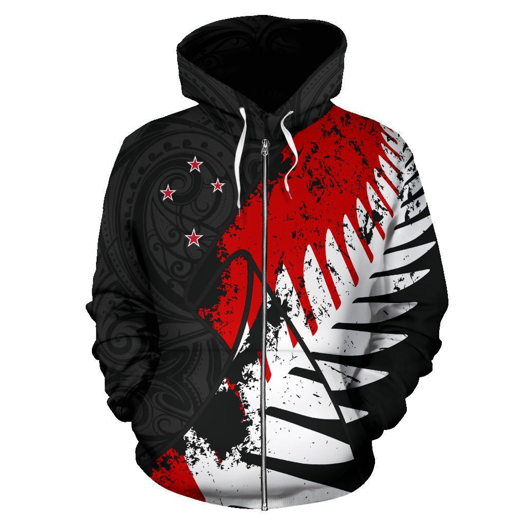 New Zealand Maori Zip Hoodie, Silver Fern Flag Full Zip Hoodie - Vibe Hoodie Shop