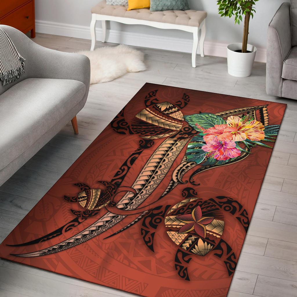 Polynesian Turtle Area Rug - Tribal Tattoo with Hibiscus Coral - Vibe Hoodie Shop