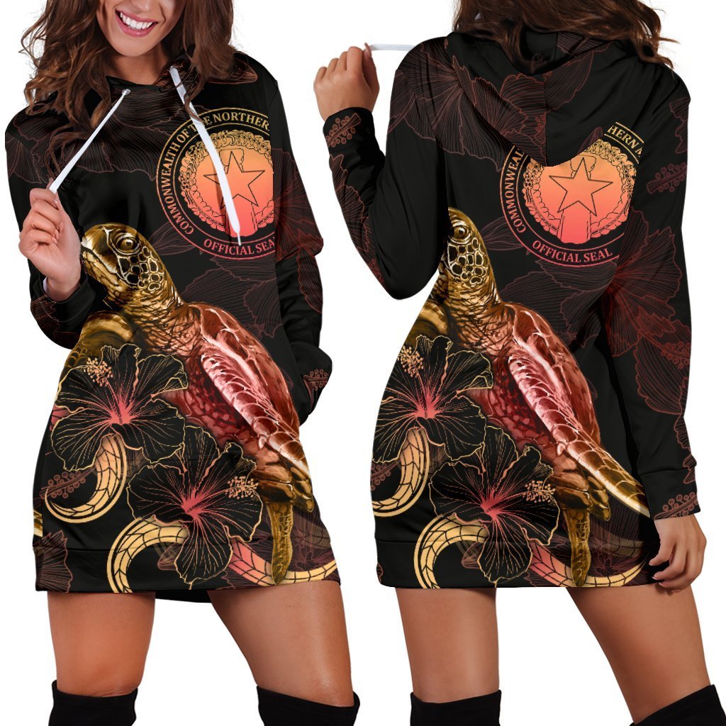 CNMI Polynesian Hoodie Dress - Turtle With Blooming Hibiscus Gold - Vibe Hoodie Shop