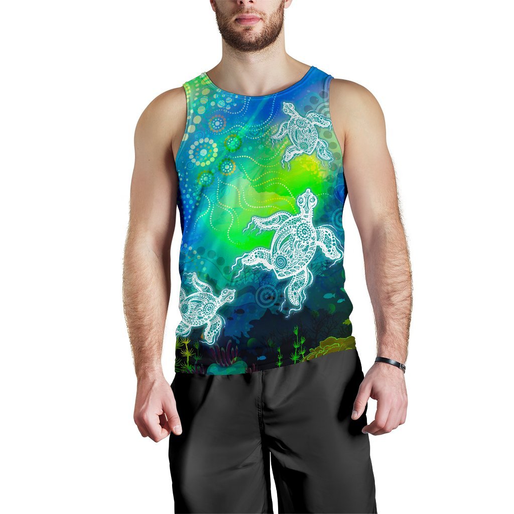 Aboriginal Men's Tank Top - Indigenous Turtle Ocean Dot Painting Art - Vibe Hoodie Shop