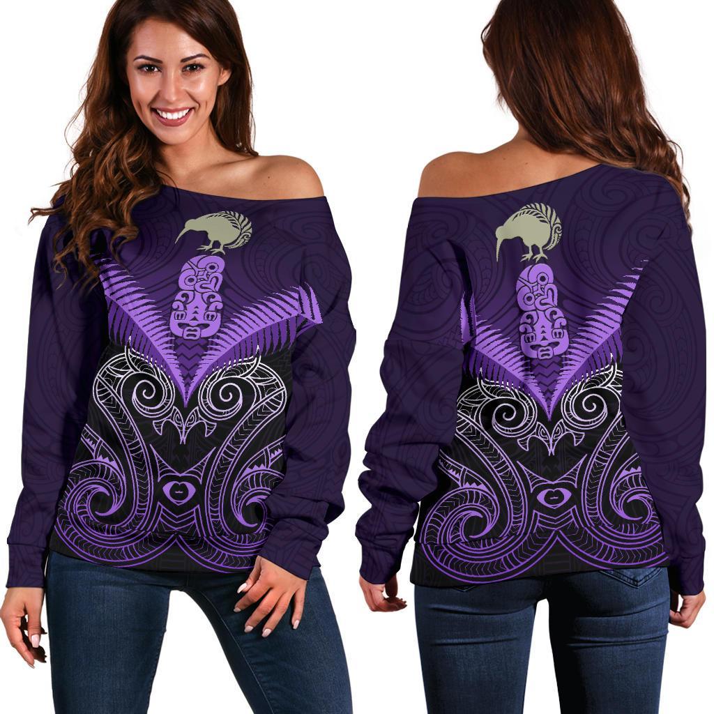 Maori Manaia New Zealand Off Shoulder Sweater Purple - Vibe Hoodie Shop