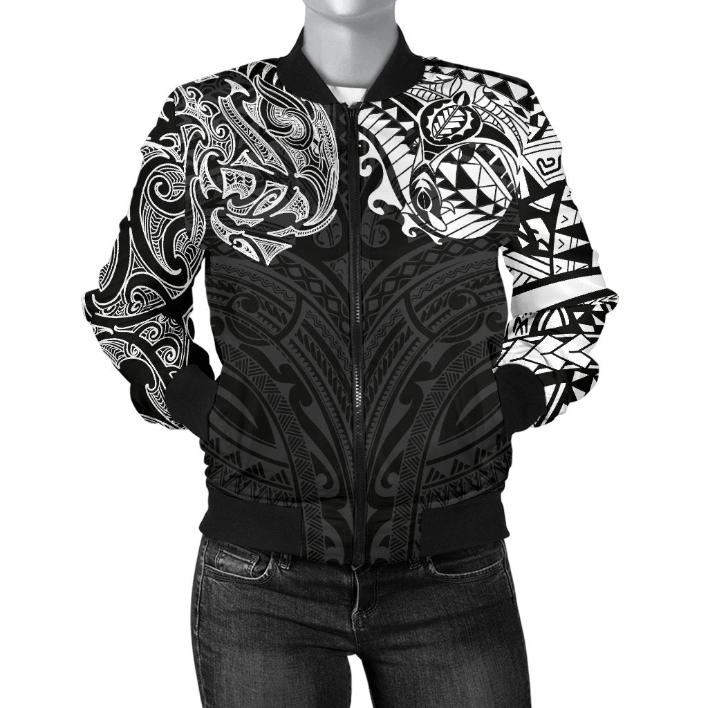 New Zealand Women's Bomber Jacket, Maori Polynesian Tattoo White - Vibe Hoodie Shop