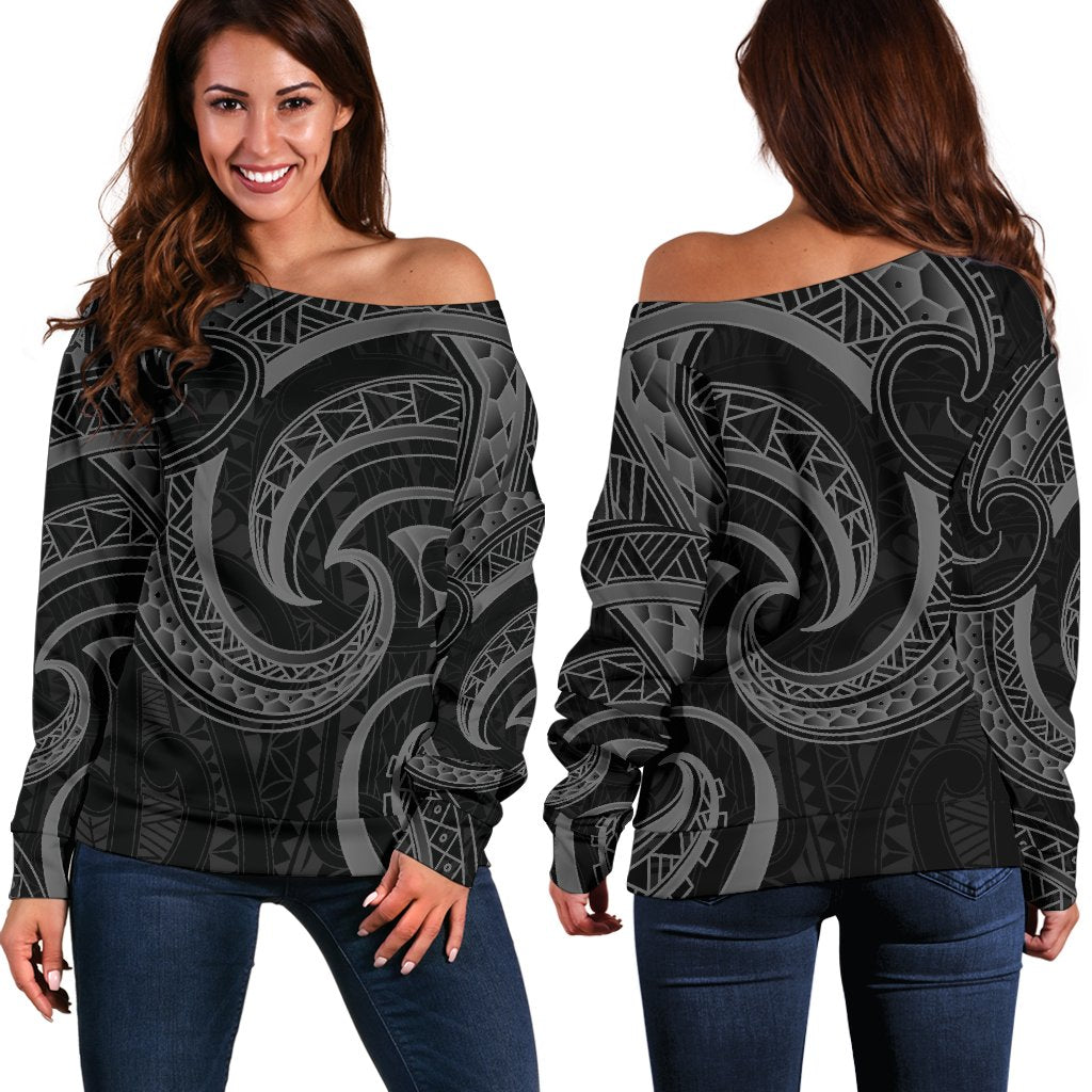 New Zealand Maori Mangopare Women Off Shoulder Sweater Polynesian - Black - Vibe Hoodie Shop