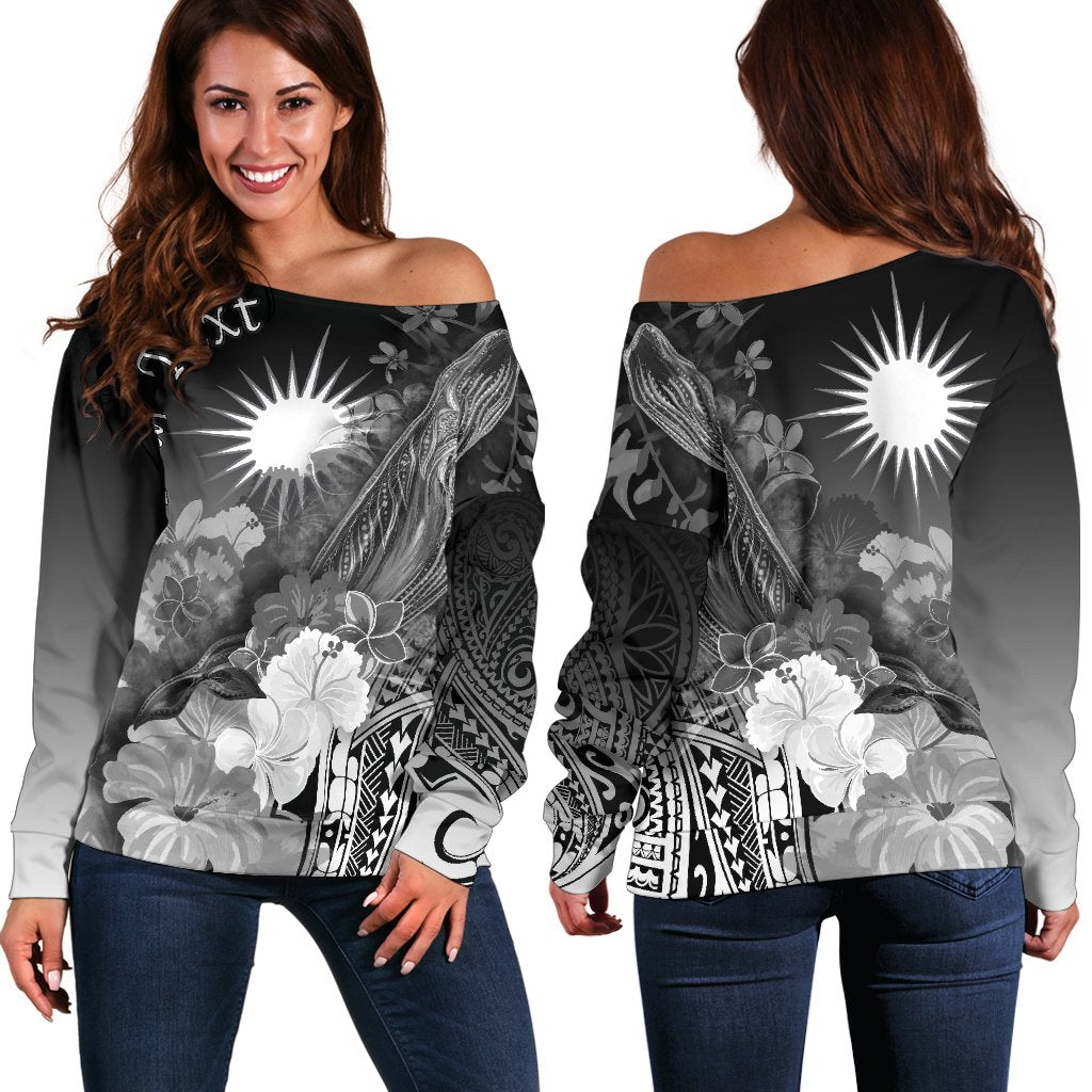 Marshall Islands Custom Personalised Women's Off Shoulder Sweater - Humpback Whale with Tropical Flowers (White) - Vibe Hoodie Shop