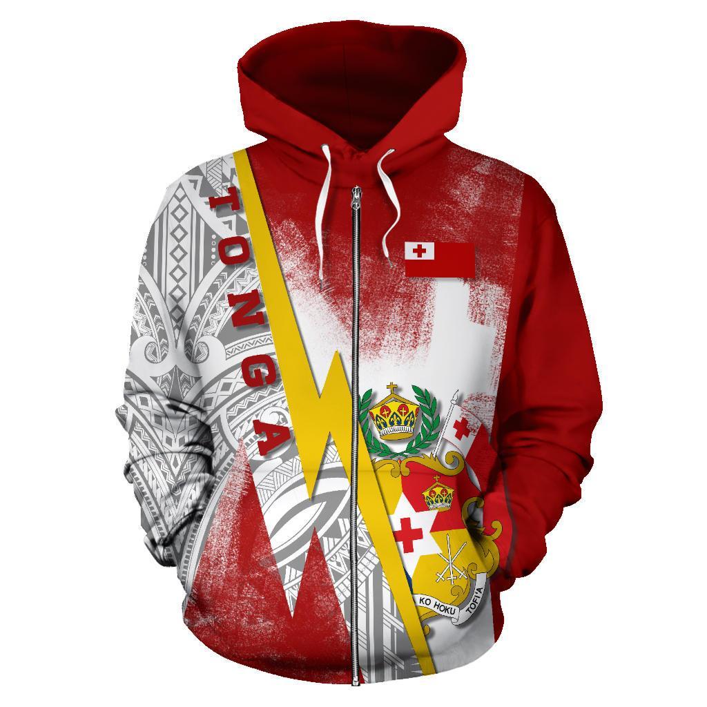 Zip Up Hoodie Tonga Flag With Polynesian Style - Vibe Hoodie Shop