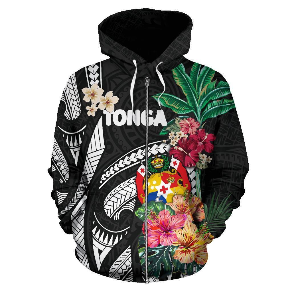 Zip Up Hoodie Tonga Coat Of Arms Polynesian With Hibiscus - Vibe Hoodie Shop