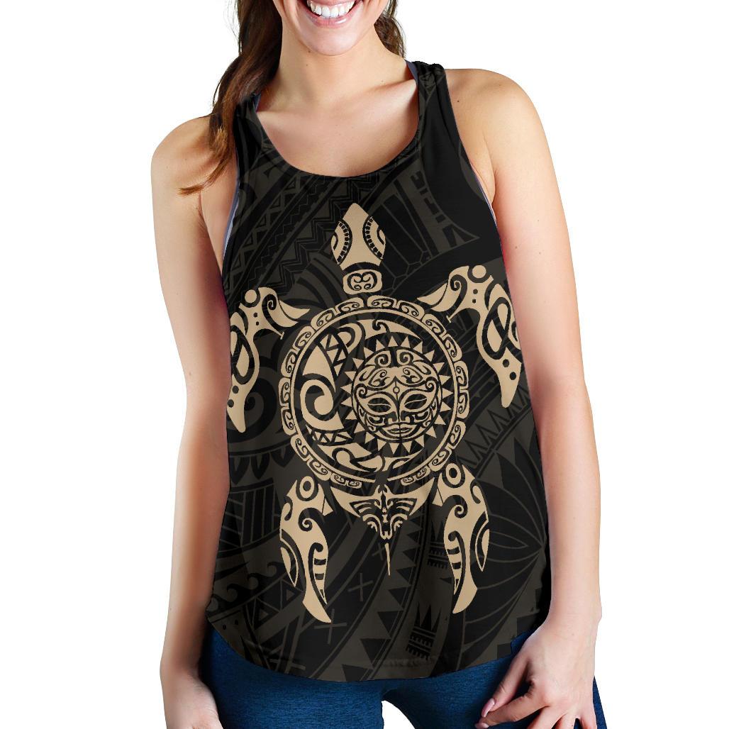 New Zealand Women Racerback Tank, Maori Turtle Tattoo - Gold - Vibe Hoodie Shop