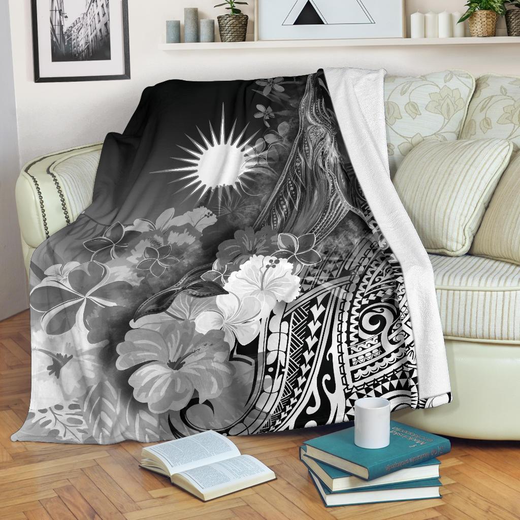 Marshall Islands Premium Blanket - Humpback Whale with Tropical Flowers (White) - Vibe Hoodie Shop