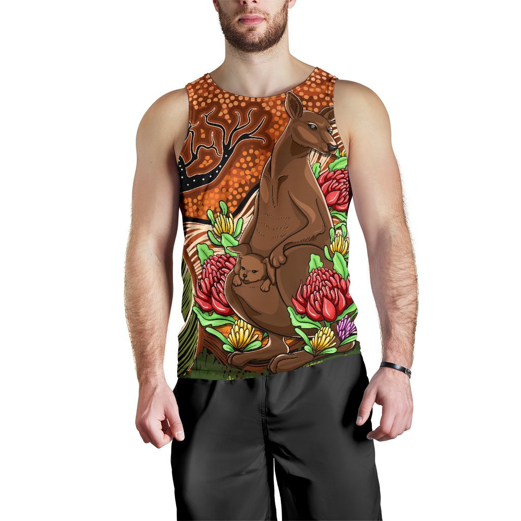 Aboriginal Men's Tank Top - Kangaroo With Indigenous Tree - Vibe Hoodie Shop