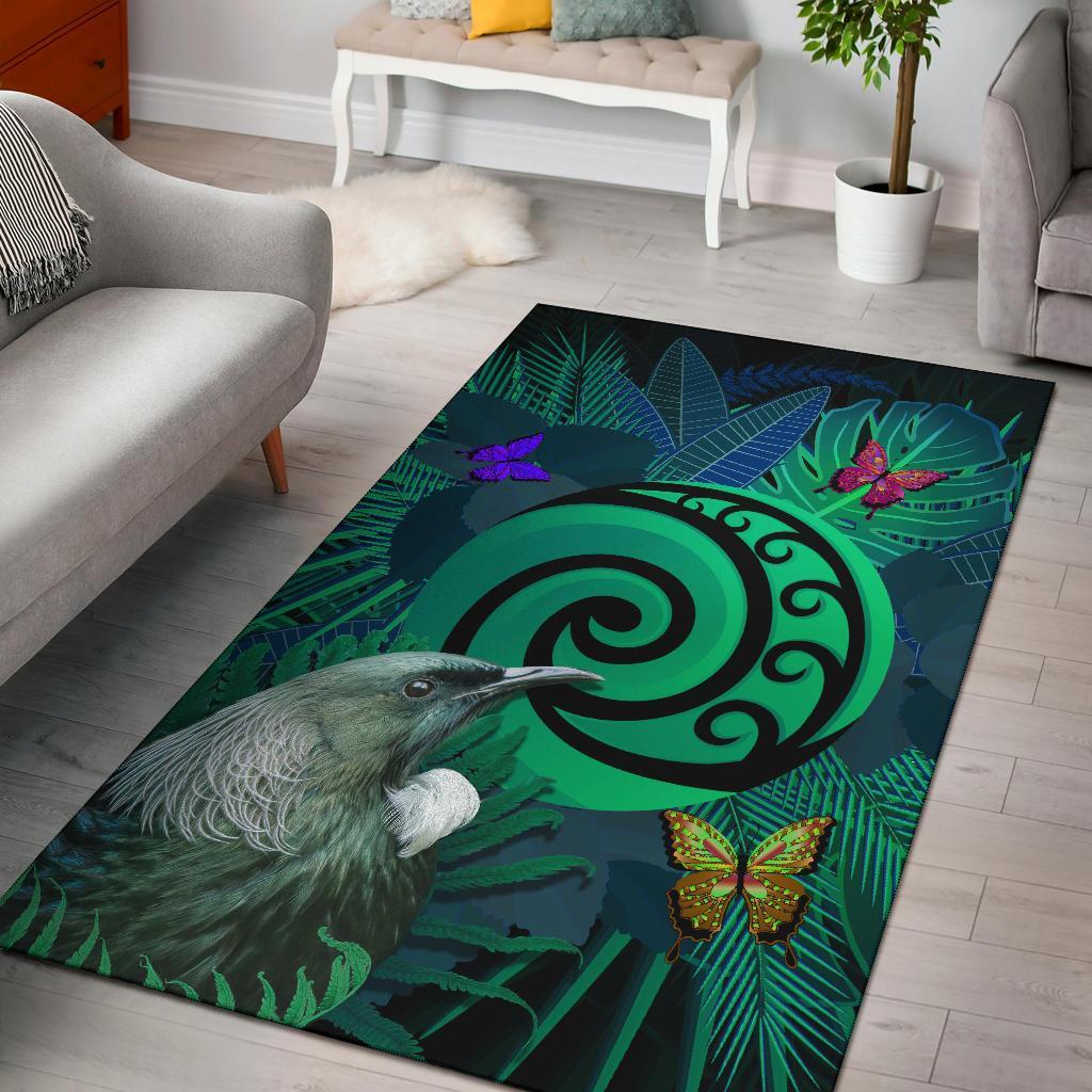 New Zealand Area Rug Koru Fern Mix Tui Bird - Tropical Floral Turquoise - Vibe Hoodie Shop