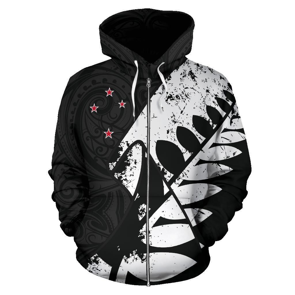 New Zealand Maori Zip Hoodie, Silver Fern Flag Full Zip Hoodie - Vibe Hoodie Shop