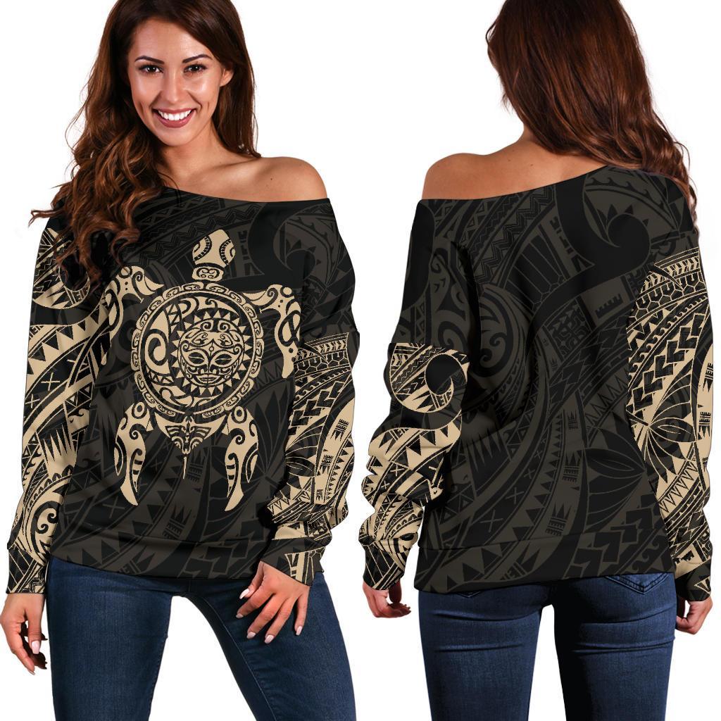 New Zealand Off Shoulder Sweater, Maori Turtle Tattoo - Gold - Vibe Hoodie Shop