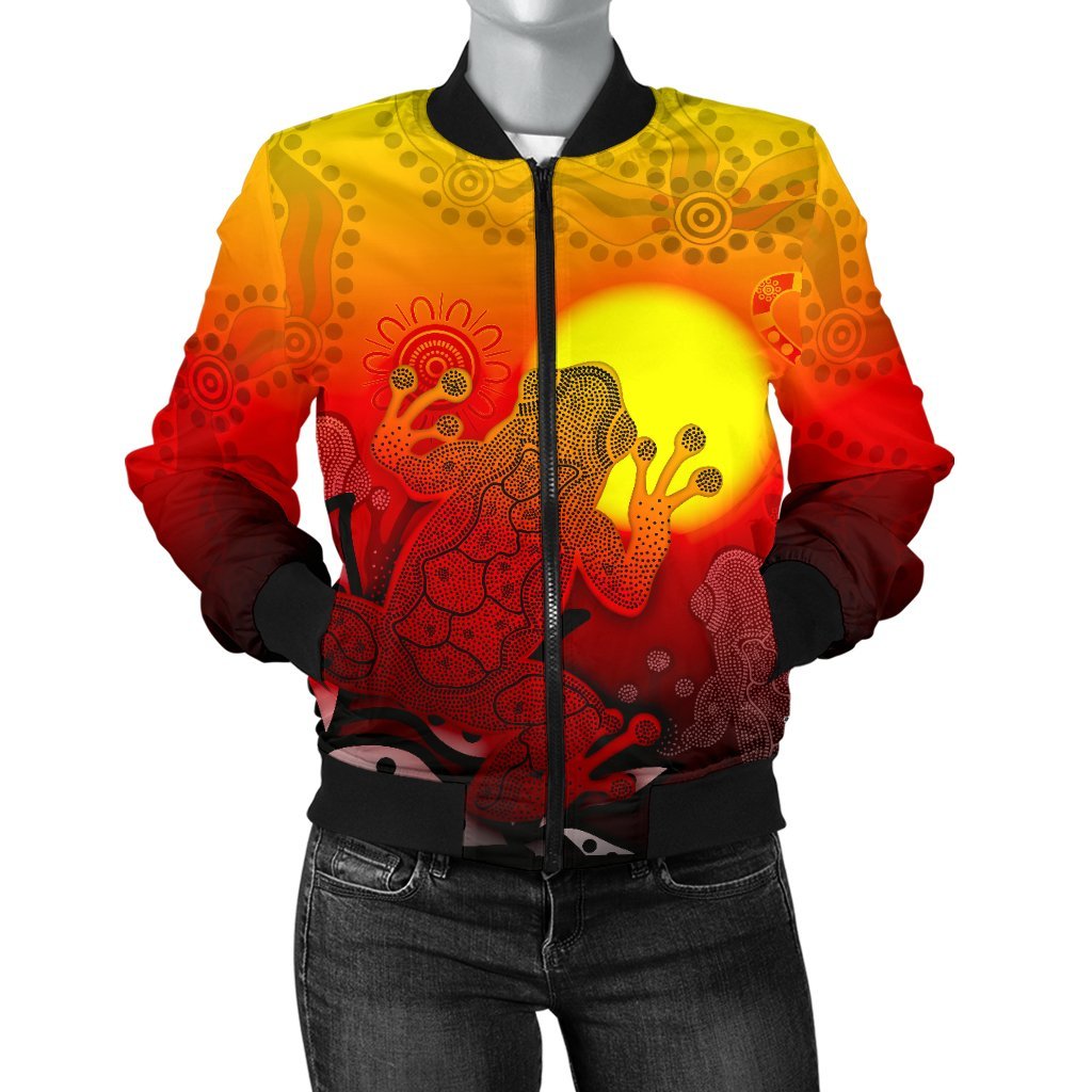Aboriginal Women's Bomber Jacket - Indigenous Frog (Red) - Vibe Hoodie Shop