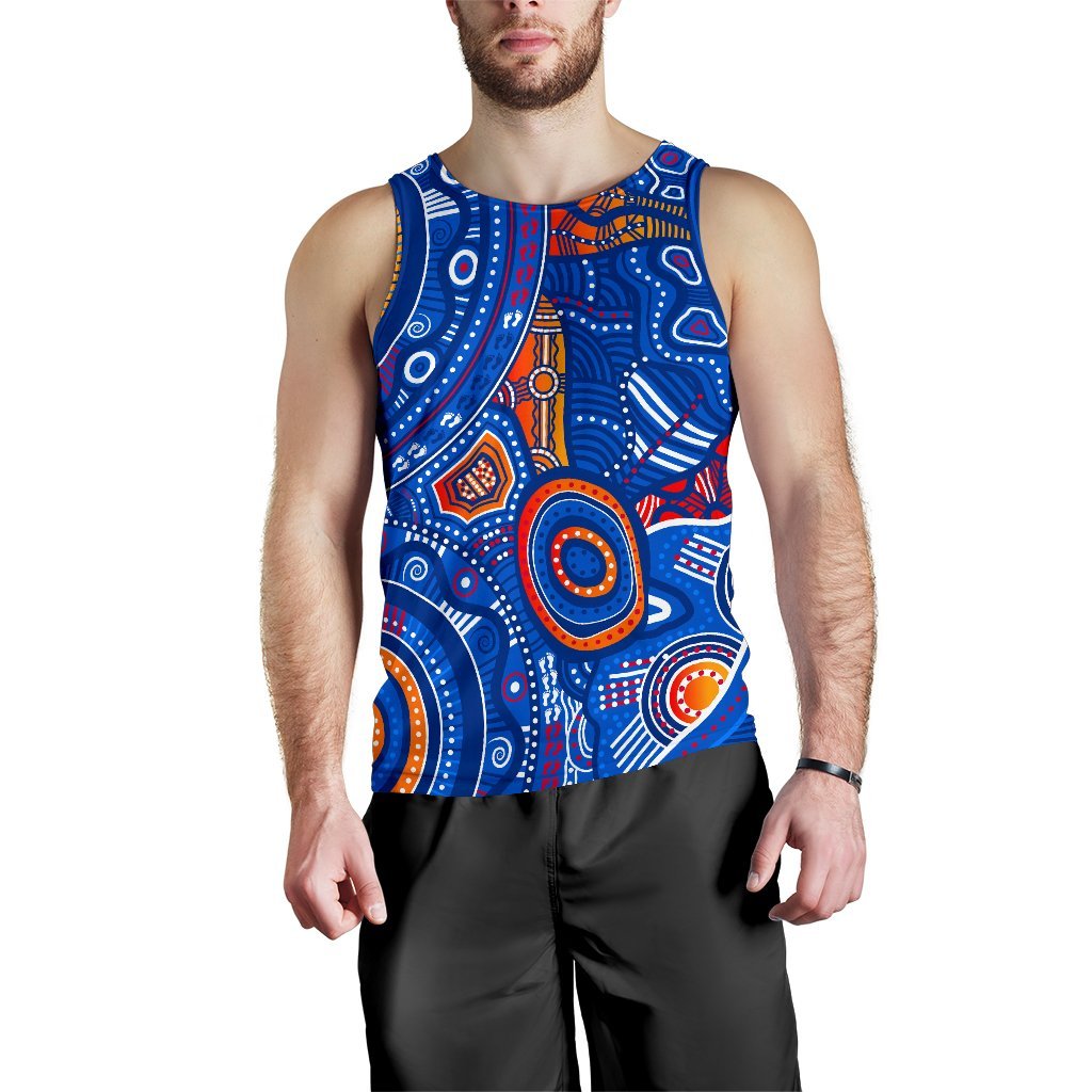 Aboriginal Men's Tank Top - Indigenous Footprint Patterns Blue Color - Vibe Hoodie Shop