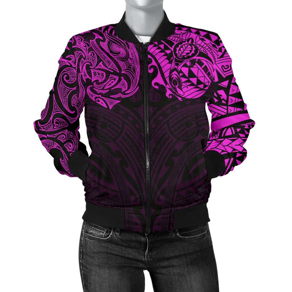 New Zealand Women's Bomber Jacket, Maori Polynesian Tattoo Purple - Vibe Hoodie Shop