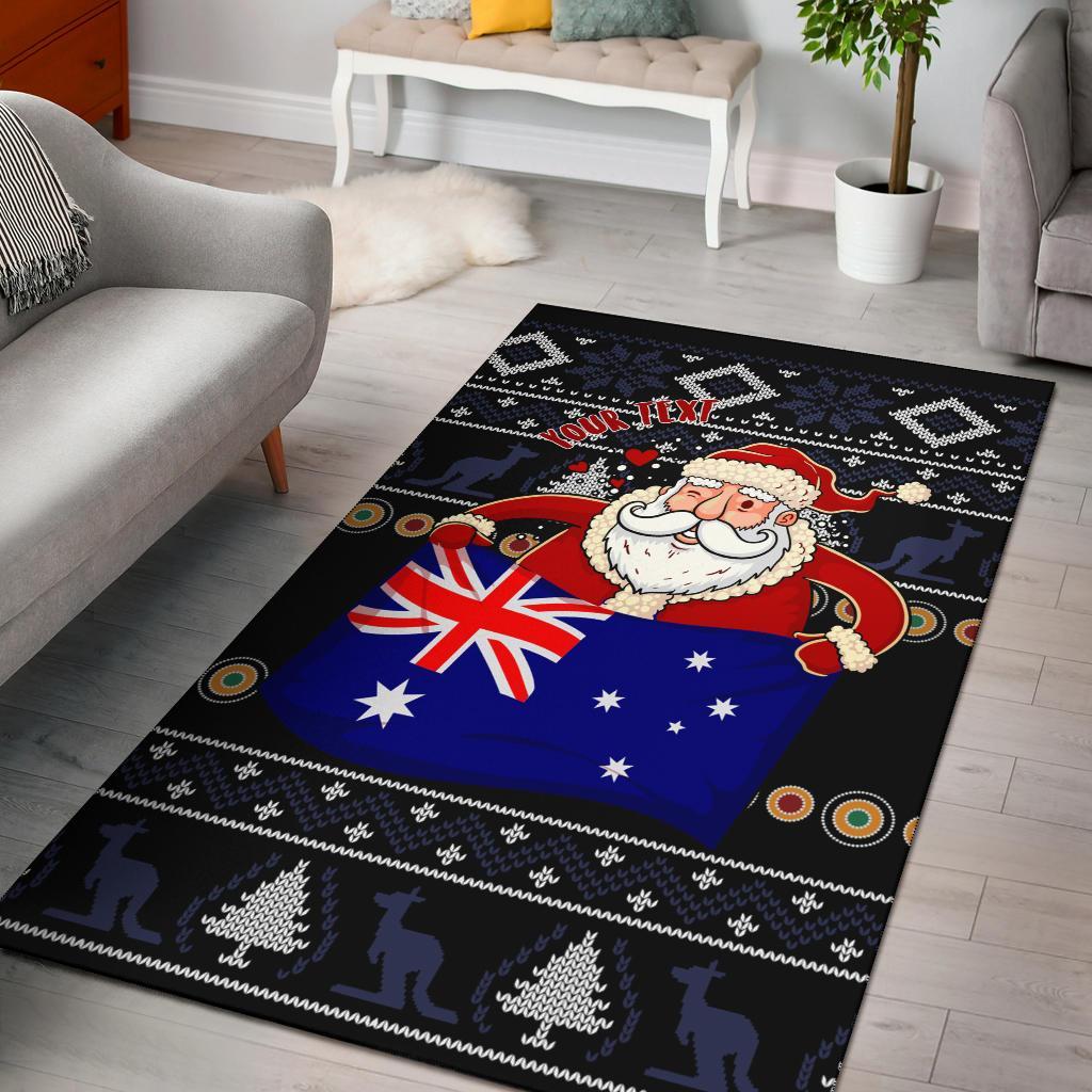 Christmas Personalised Area Rug - Australia Santa Claus Hold The Flag (Black) - Vibe Hoodie Shop