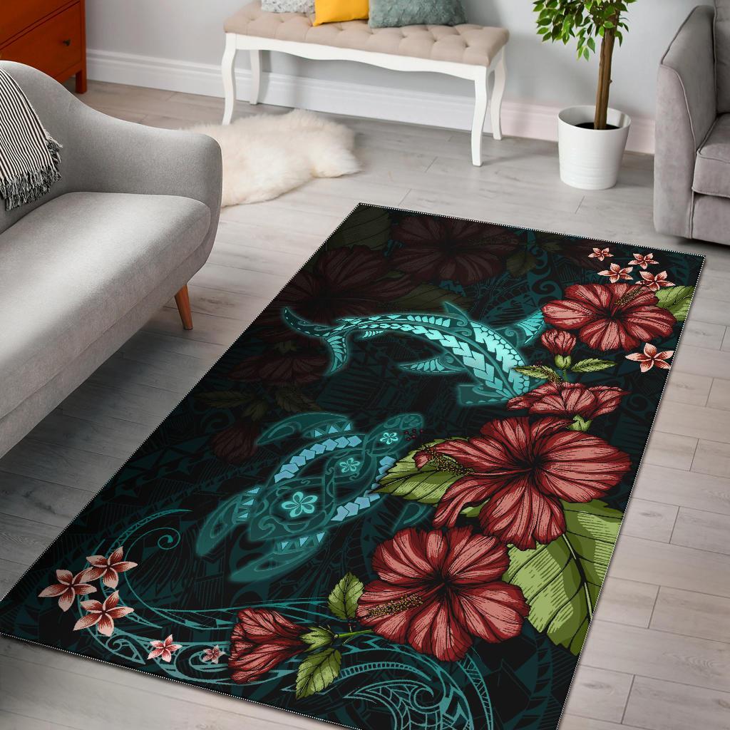 Polynesian Area Rug Turtle And Shark - Hibiscus Turquoise - Vibe Hoodie Shop