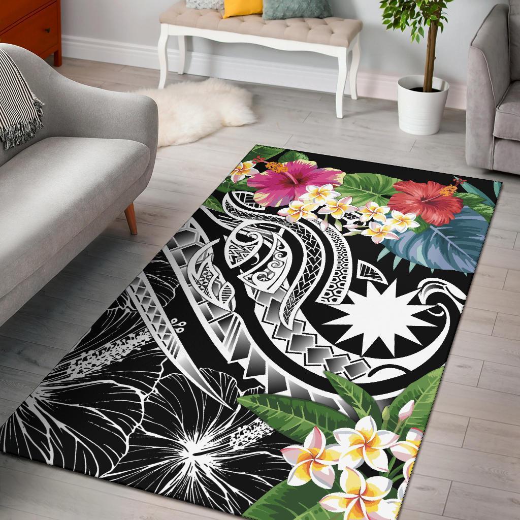 Nauru Polynesian Area Rug - Summer Plumeria (Black) - Vibe Hoodie Shop