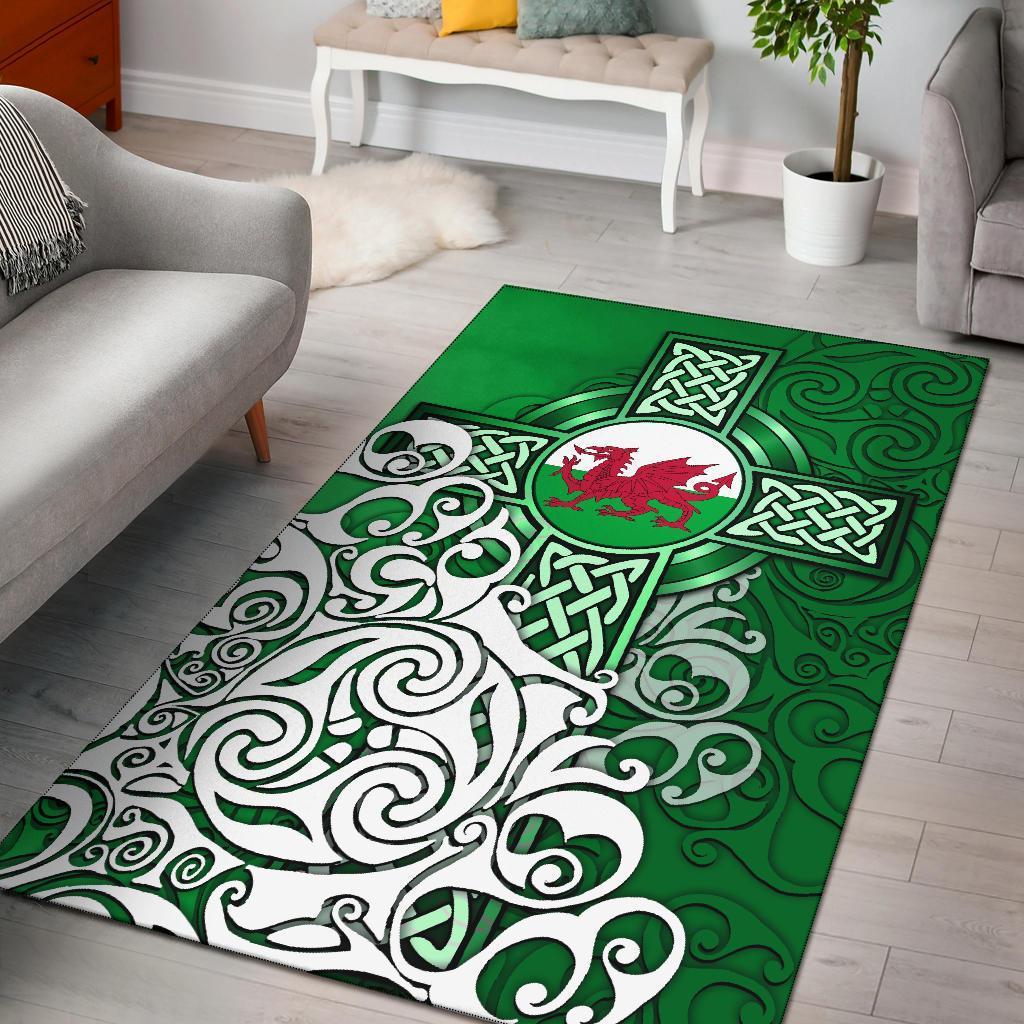 Wales Celtic Area Rug - Welsh Dragon Flag with Celtic Cross (Green) - Vibe Hoodie Shop