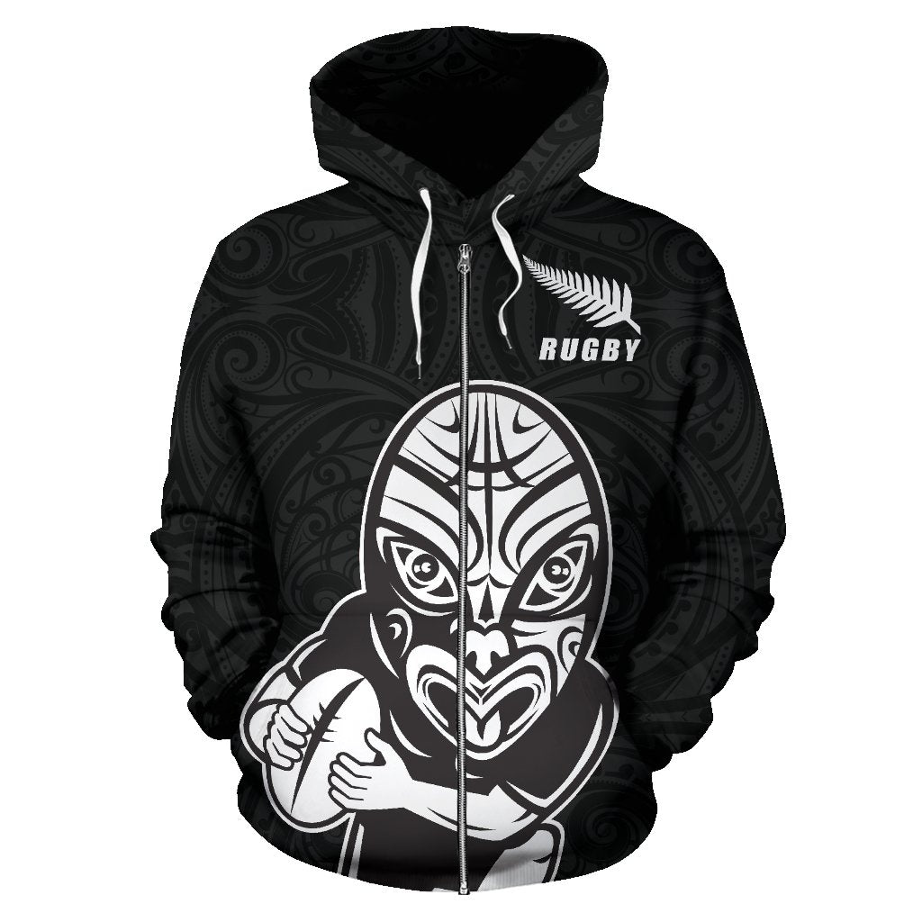 Rugby Haka Dance New Zealand Zip Up Hoodie with Haka Face - Vibe Hoodie Shop