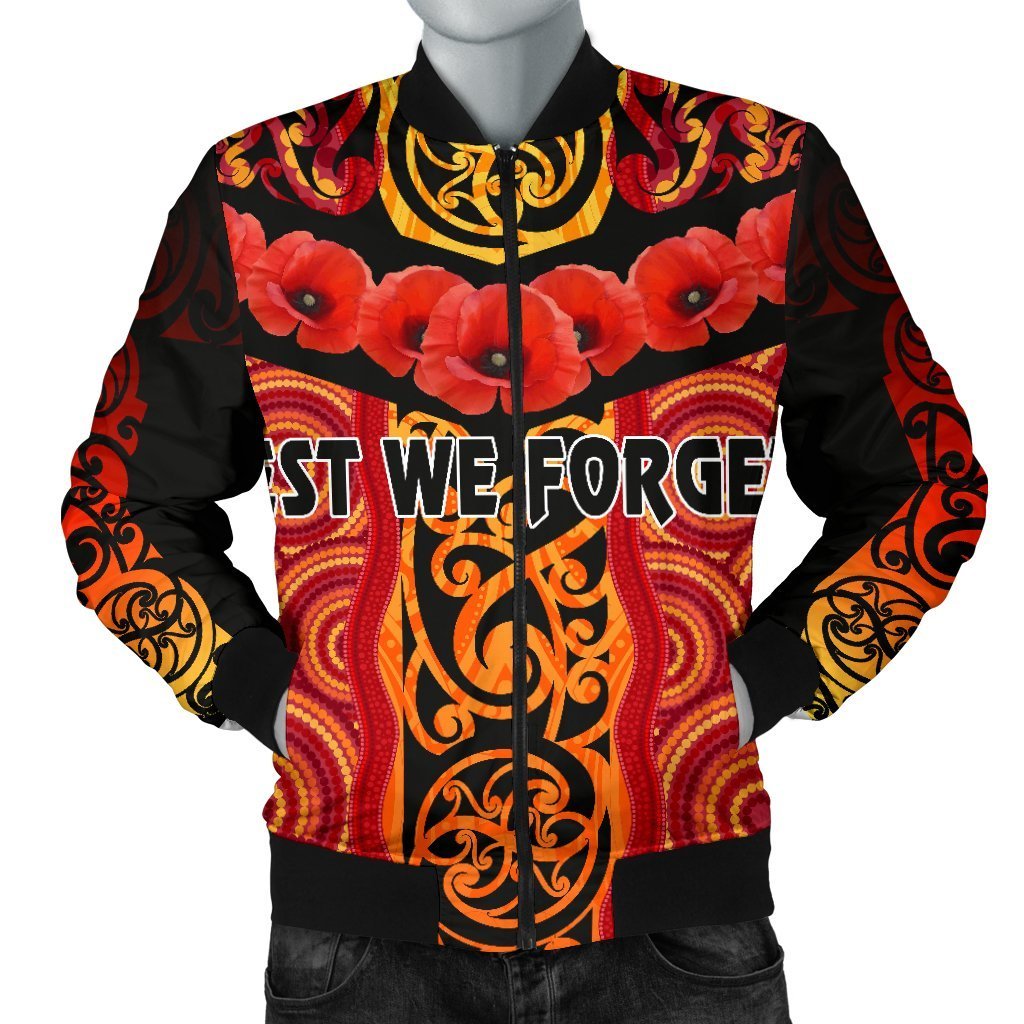 ANZAC Lest We Forget Poppy Men Bomber Jacket New Zealand Maori Silver Fern - Australia Aboriginal - Vibe Hoodie Shop