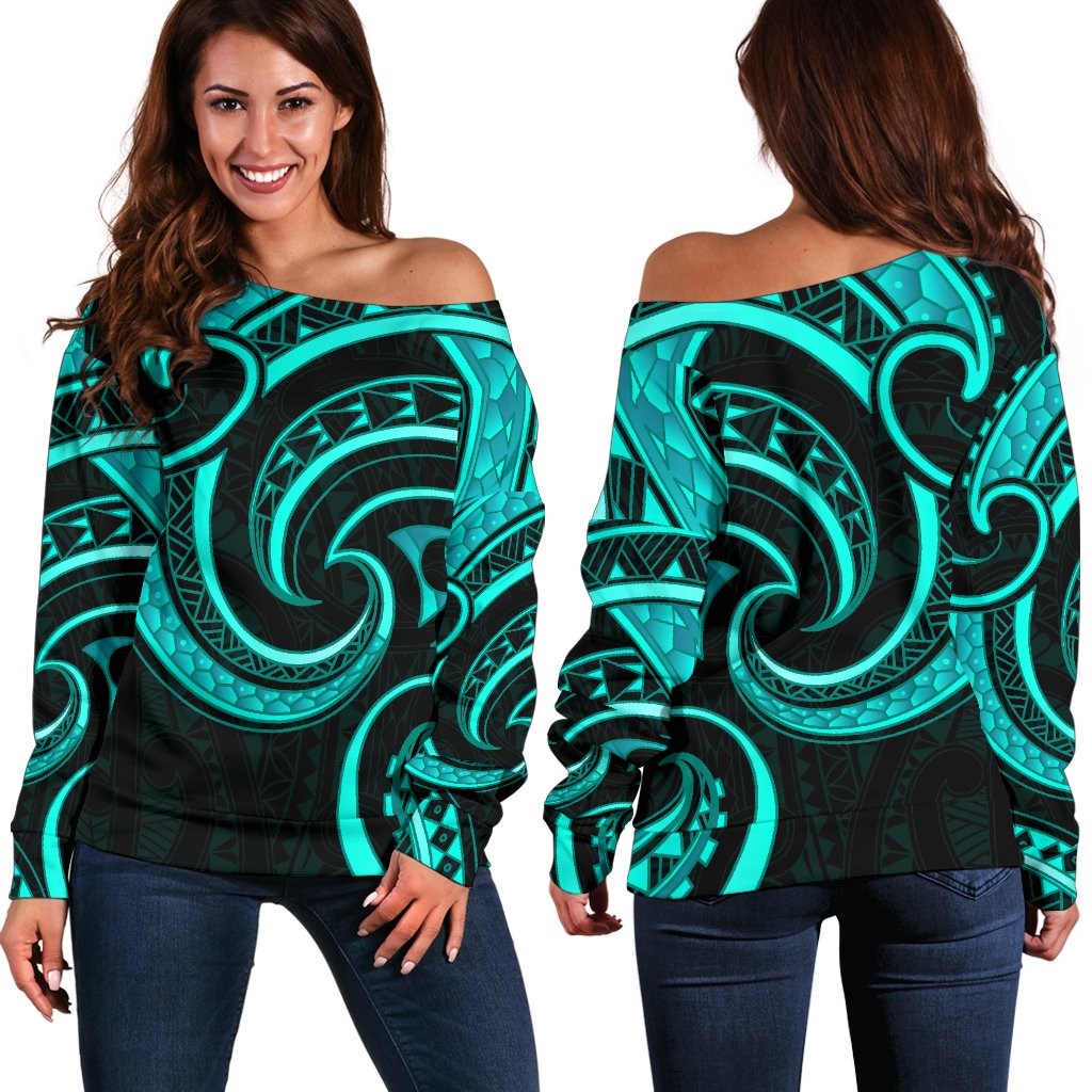 New Zealand Maori Mangopare Women Off Shoulder Sweater Polynesian - Turquoise - Vibe Hoodie Shop