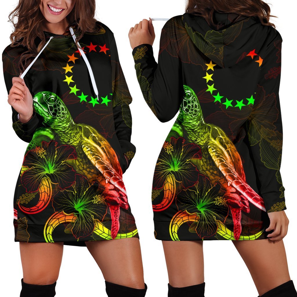 Cook Islands Polynesian Hoodie Dress - Turtle With Blooming Hibiscus Reggae - Vibe Hoodie Shop