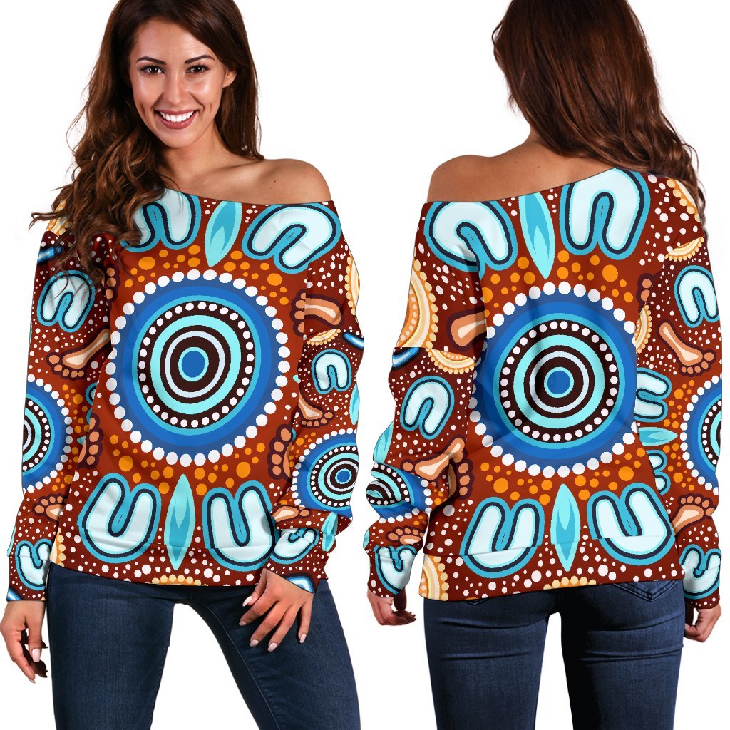 Aboriginal Women's Off Shoulder Sweater - Indigenous Circle Dot Painting Ver02 - Vibe Hoodie Shop