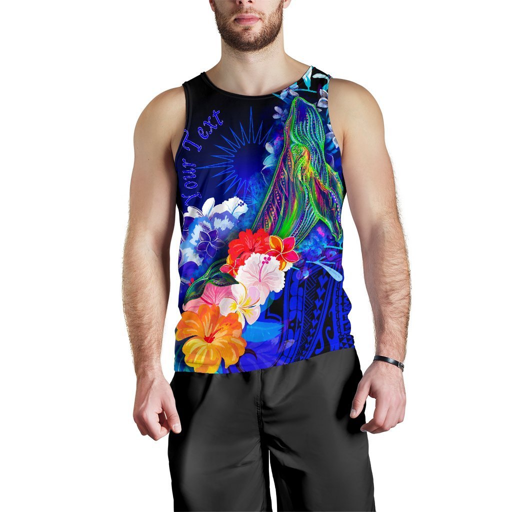 Marshall Islands Custom Personalised Men's Tank Top - Humpback Whale with Tropical Flowers (Blue) - Vibe Hoodie Shop
