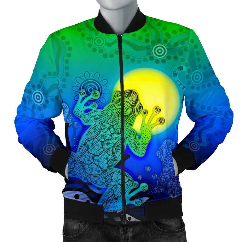 Aboriginal Men's Bomber Jacket - Indigenous Frog (Blue) - Vibe Hoodie Shop