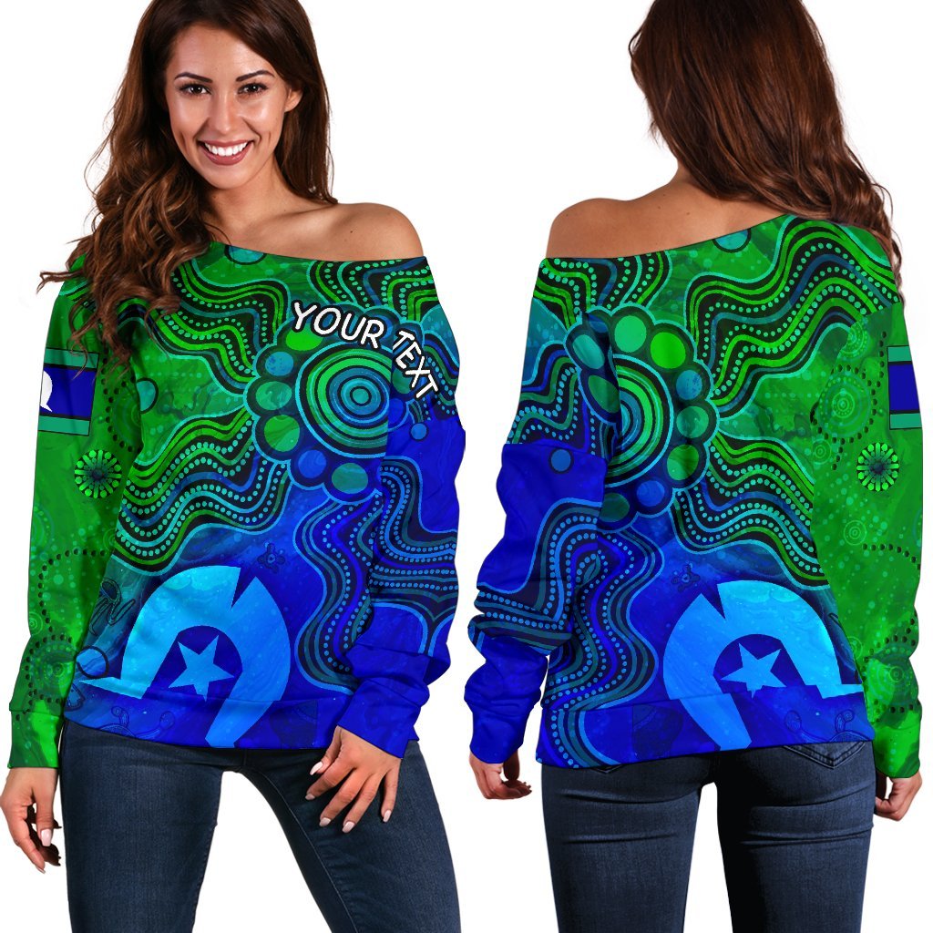 Custom Aboriginal Women's Off Shoulder Sweater, Torres Strait Islands Flag - Vibe Hoodie Shop