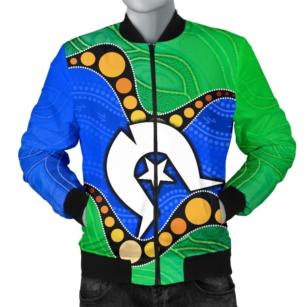 Torres Strait Islands Men's Bomber Jacket - Flag with Aboriginal Patterns - Vibe Hoodie Shop