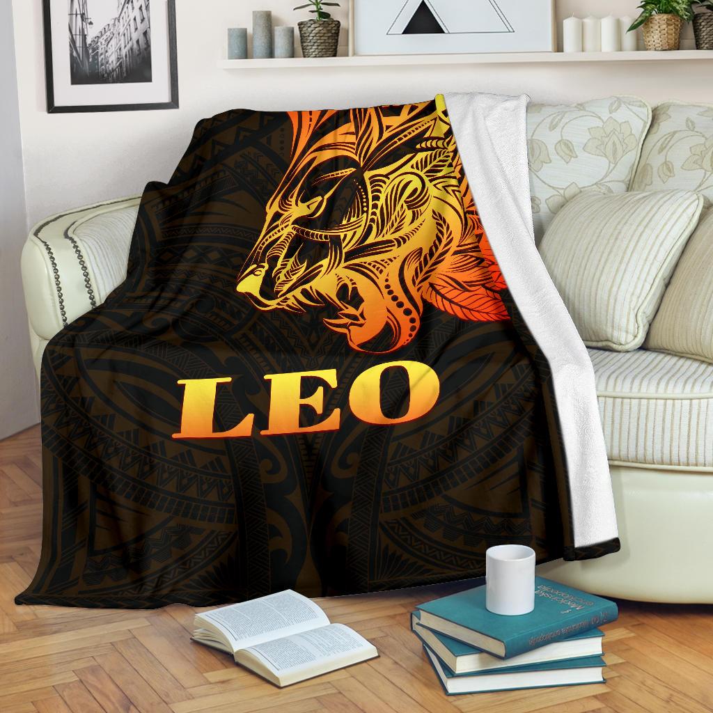 Sun In Leo Zodiac Premium Blanket Polynesian Tattoo Simple - Orange Black - Vibe Hoodie Shop