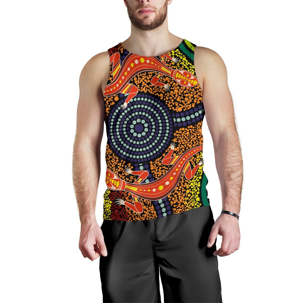 1st Australia Men Tank Top - Aboriginal Two Lizards Dot Painting Circle - Vibe Hoodie Shop